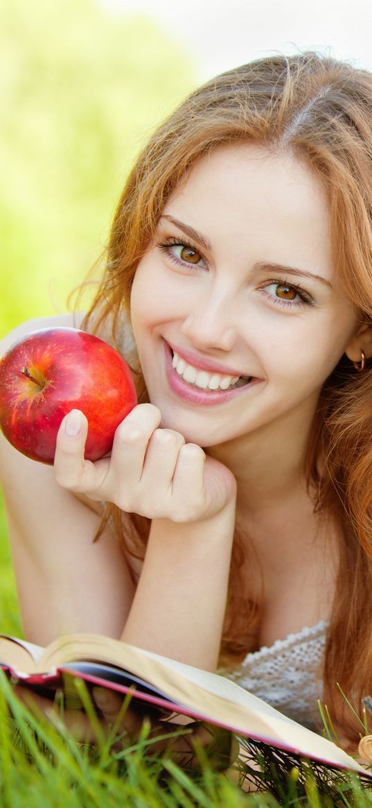 smile, glance, brown hair, girl, grass, apple