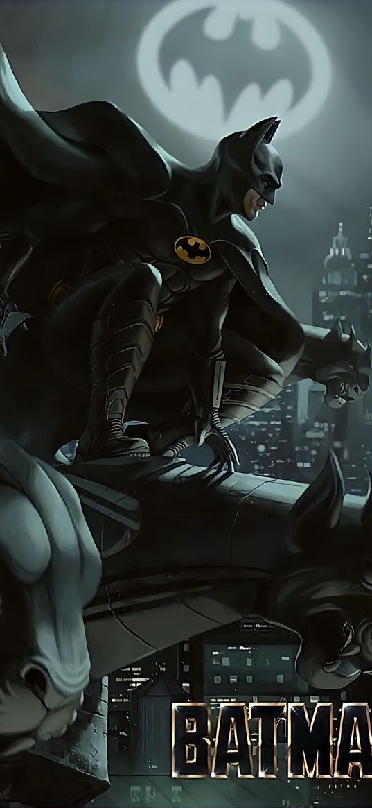 batman, bruce wayne, superhero, dc, city, night, statues, gargoyles, art