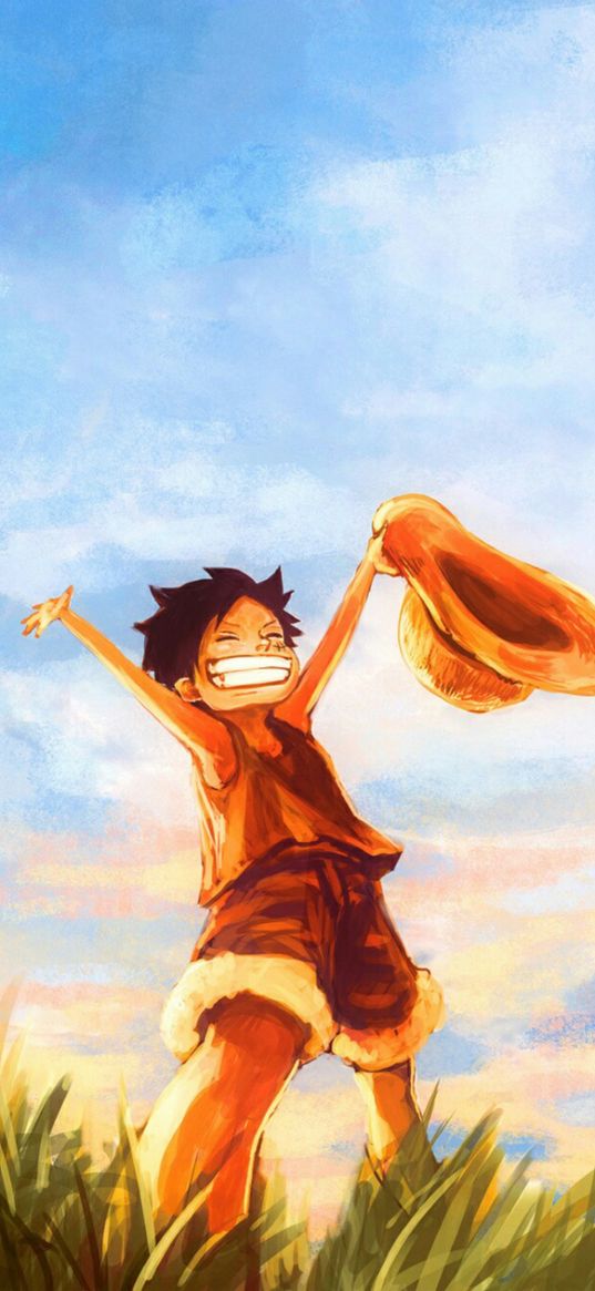 luffy, one piece, anime, character, child, hat, joy, art