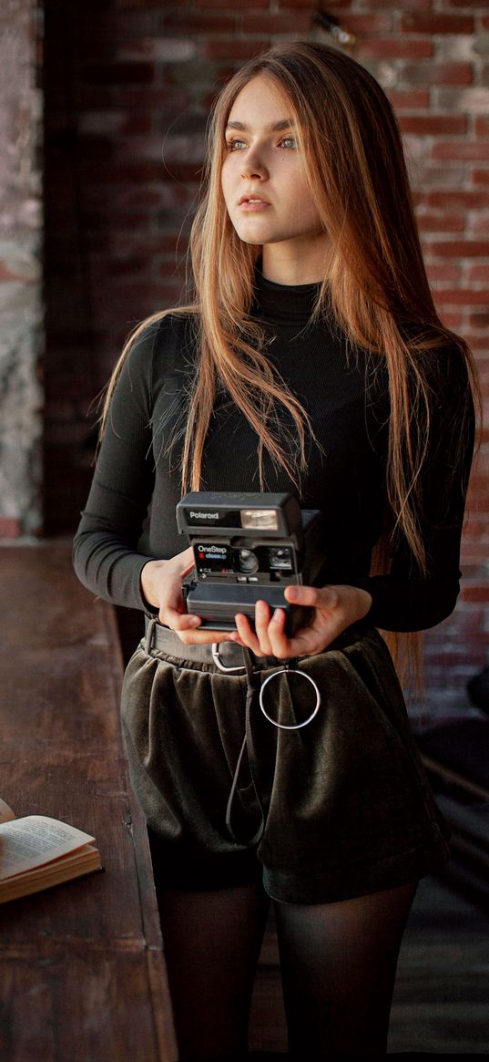 camera, girl, books, window, loft