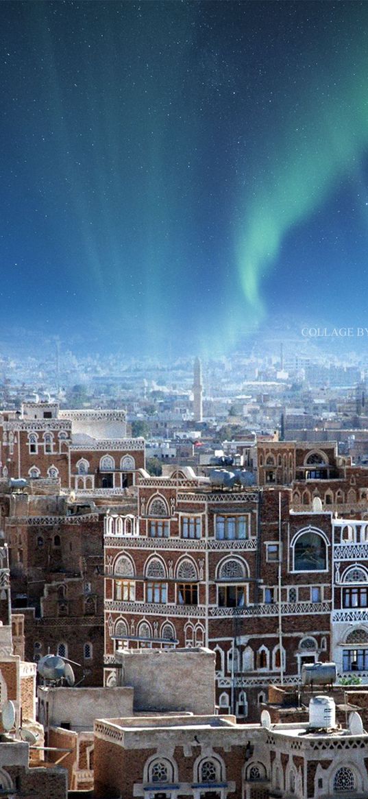 sanaa, yemen, city, buildings, northern lights