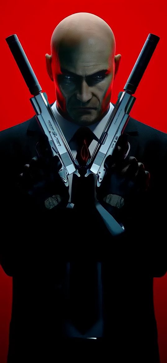 hitman, game, character, weapon, red background