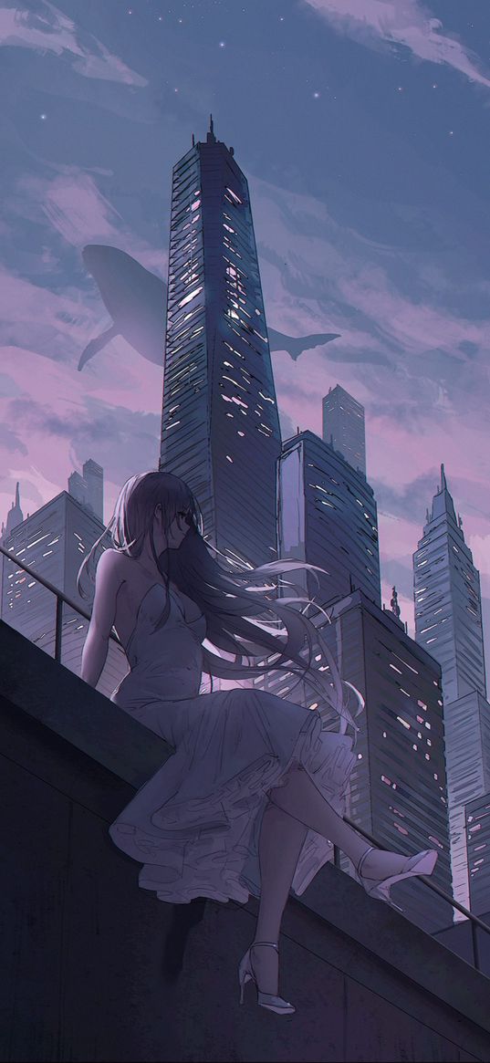 girl, anime, art, city, buildings, sky, whale