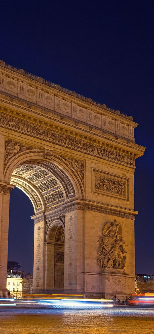 arc de triomphe, landmark, architecture, eiffel tower, paris, city, lights, night