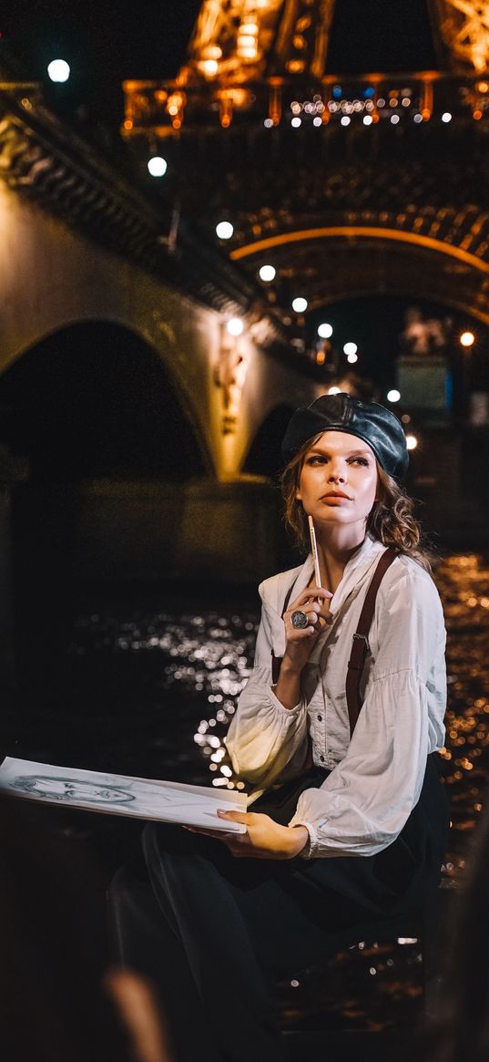 artist, girl, beautiful, portrait, eiffel tower, bridge, paris, river, lights, night