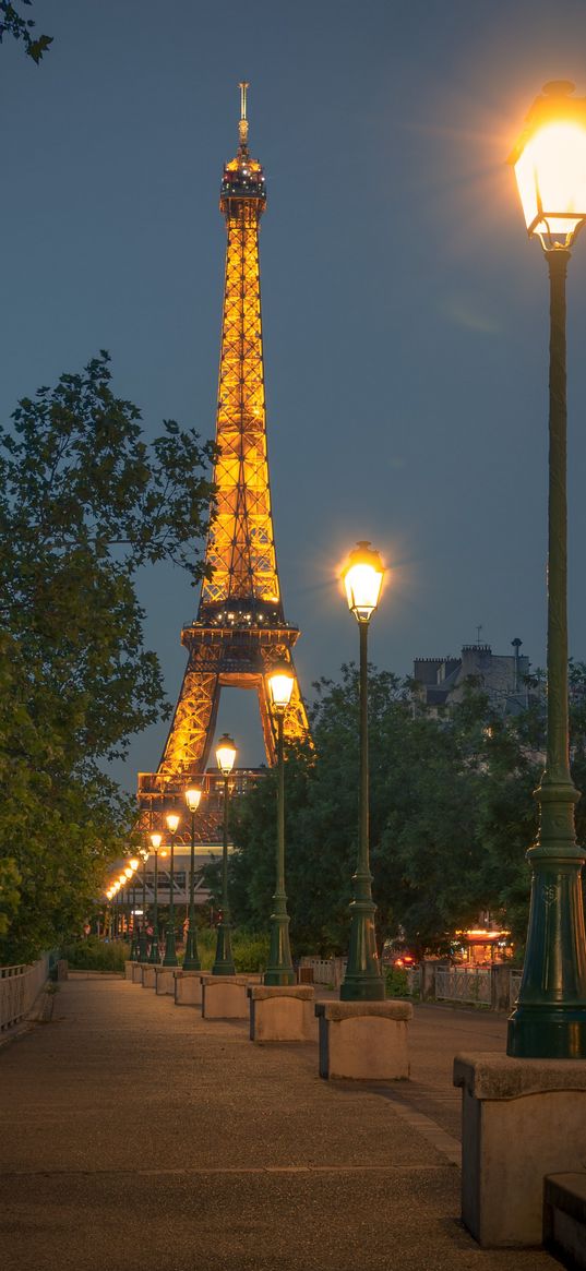 eiffel tower, street, lanterns, lights, night, evening, city, paris, france