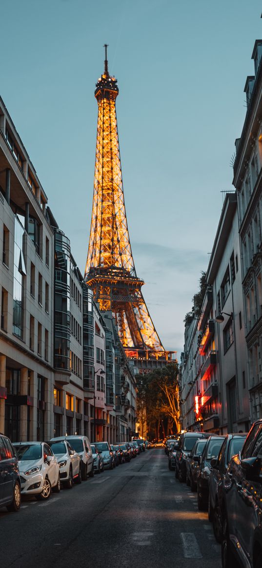 eiffel tower, houses, cars, street, lights, evening, paris, france