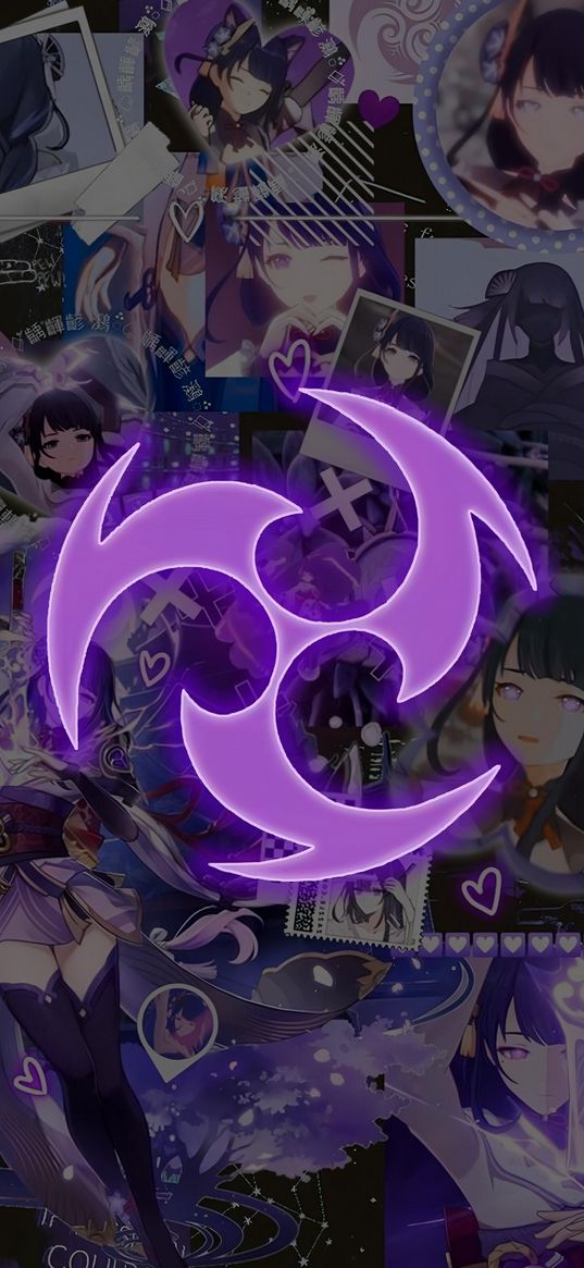 shogun raiden, genshin impact, game, anime, girl, symbol, purple, collage, art