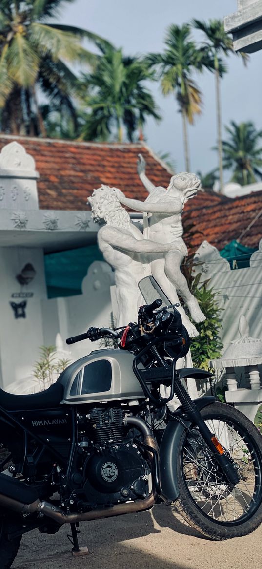 motorcycle, bike, statue, house, yard, summer, palm trees