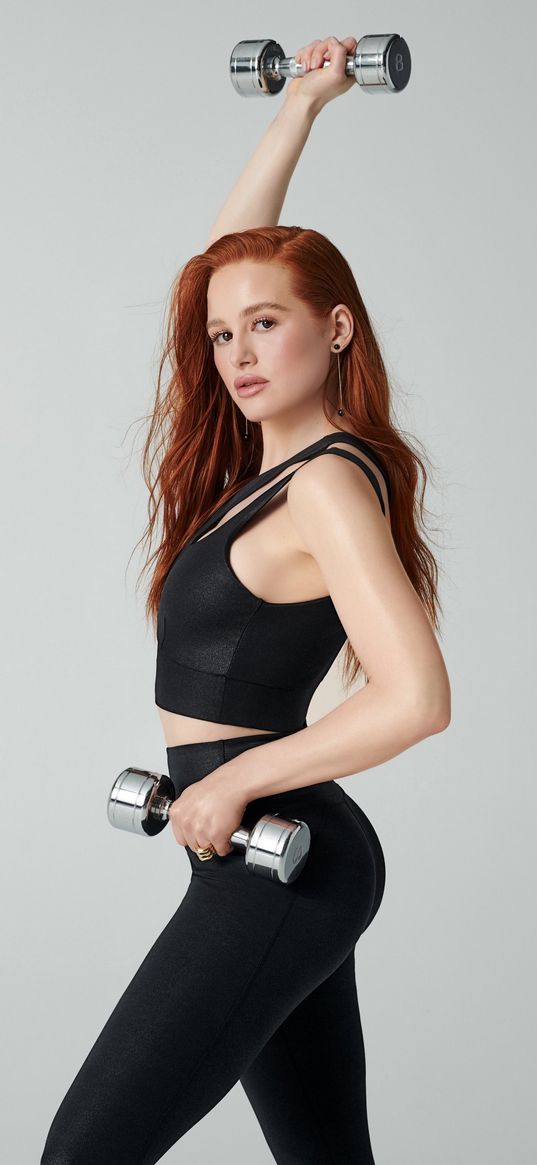 madelaine petsch, actress, redhead, girl, model, beautiful, tracksuit, dumbbells, fitness