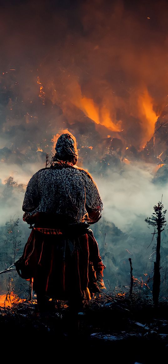 viking, man, forest, mountains, fire