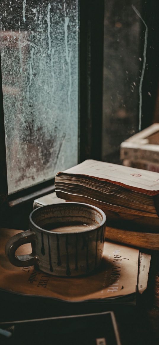 window, books, coffee, drink, cup