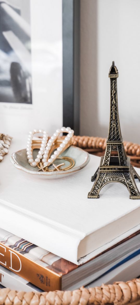 books, jewelry, poster, eiffel tower, statuette