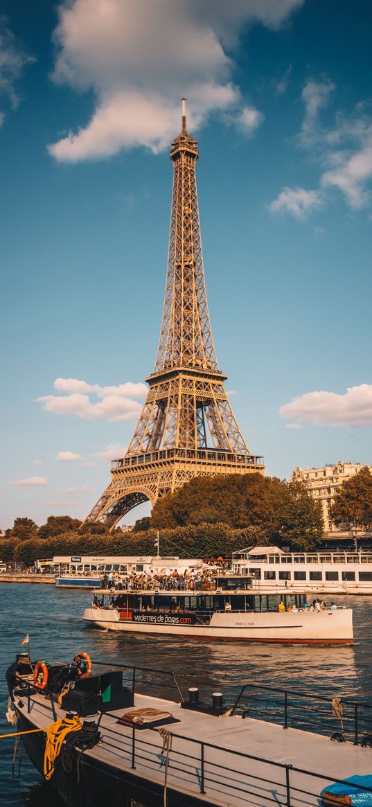 france, paris, eiffel tower, seine, river, motor ships