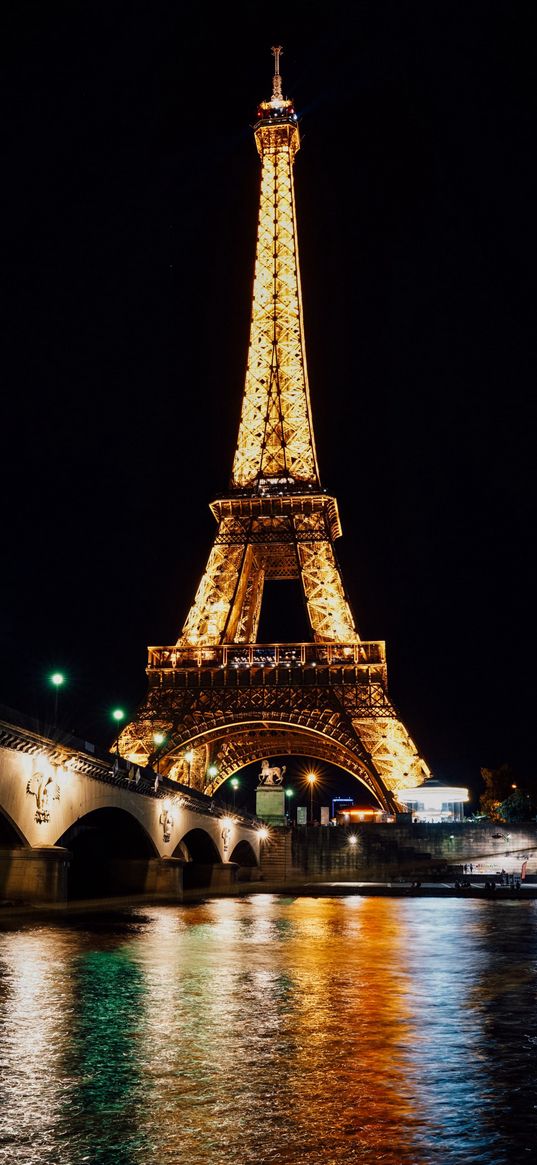 seine, river, eiffel tower, night, lights, reflection, france, paris