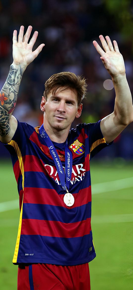 lionel messi, football player, barcelona, football, medal, hands, gesture