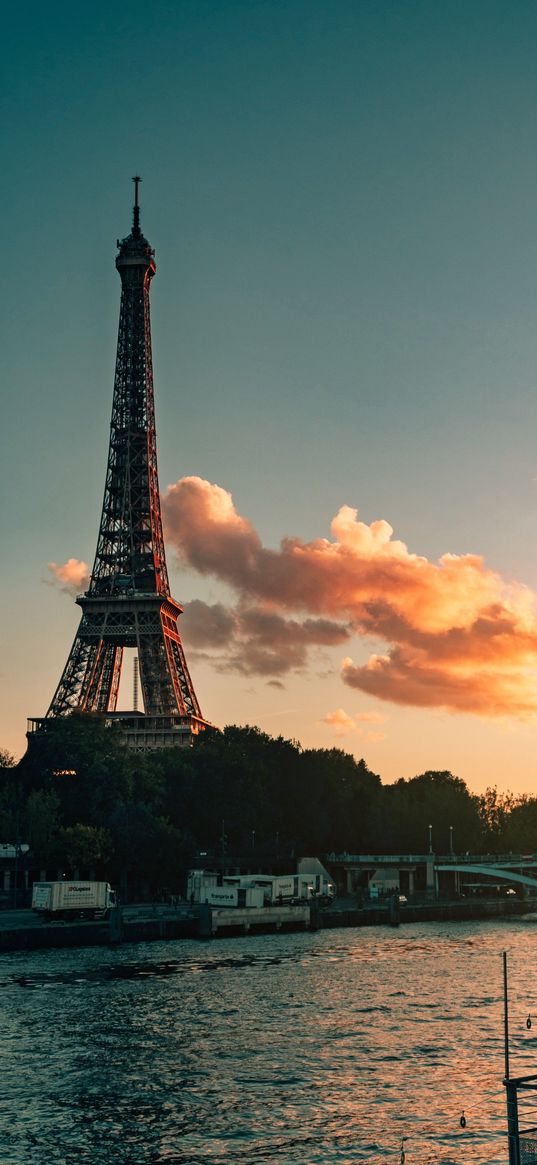 sunset, seine, river, paris, france