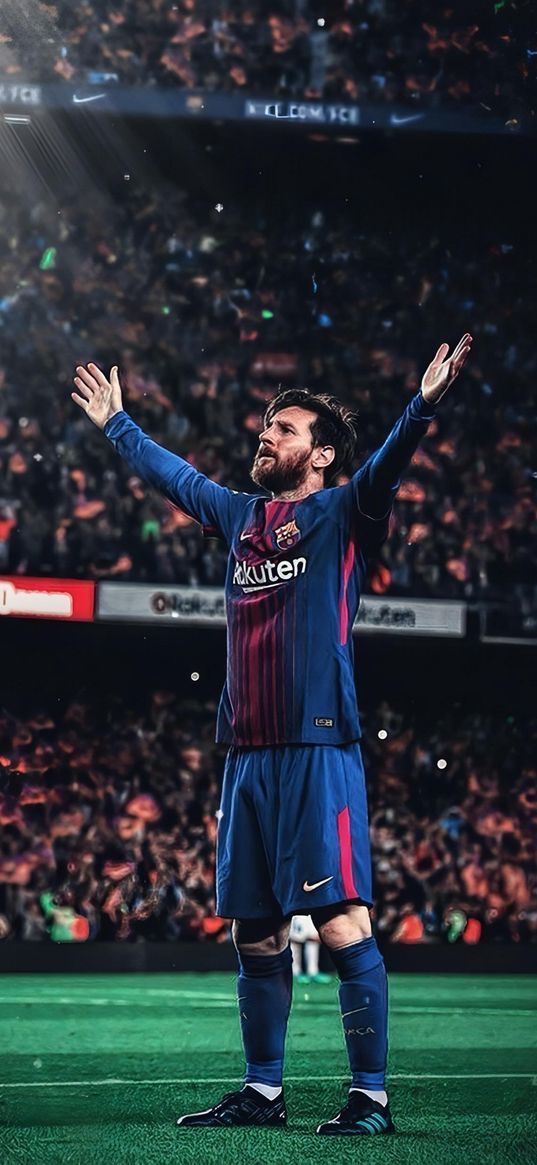 lionel messi, footballplayer, barcelona, football, field, stands, gesture