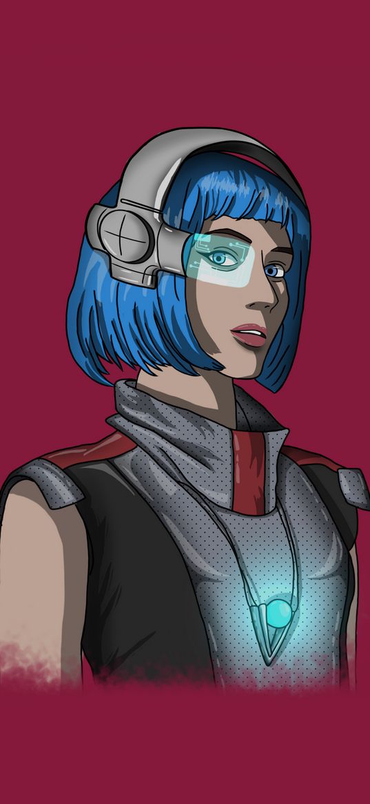 girl, blue hair, helmet, glasses, technology, future, red background, art