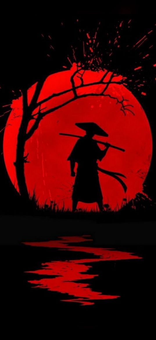 samurai, warrior, moon, river, tree, silhouette, red, black, art