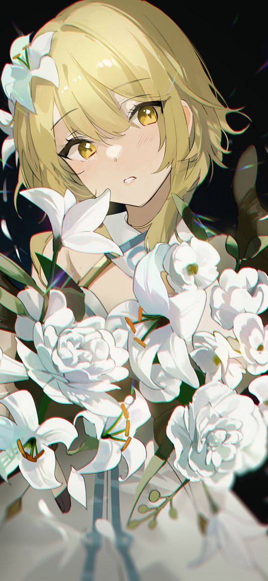 lumine, genshin impact, anime, game, blonde, girl, beautiful, cute, dress, flowers, art