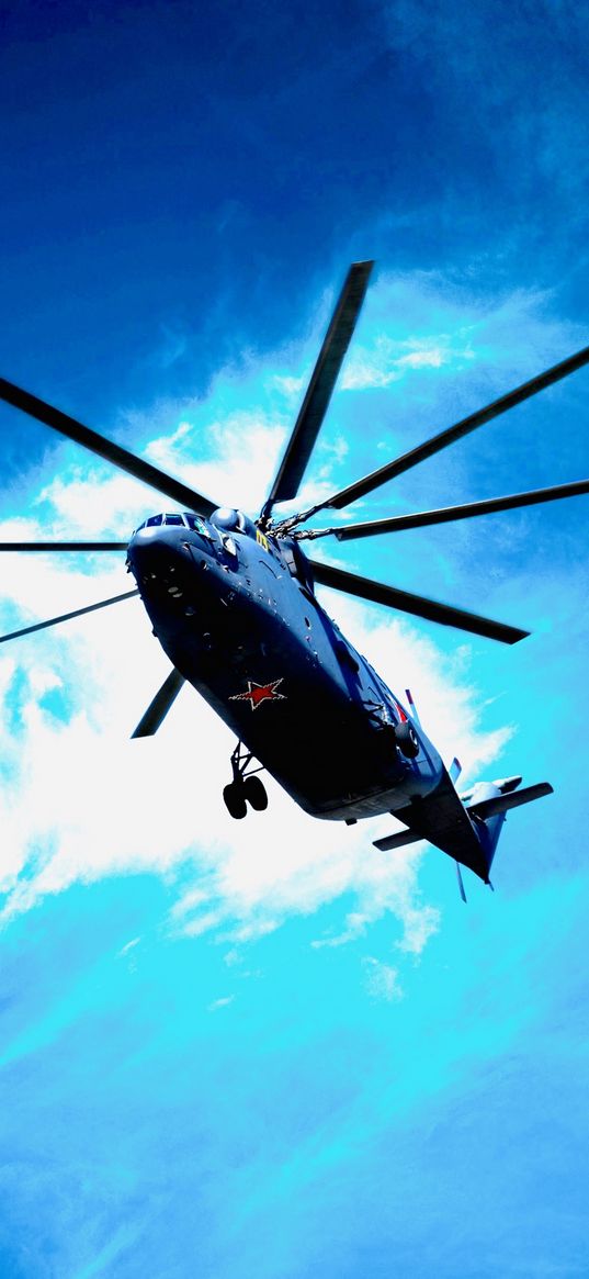 helicopter, clouds, blue sky