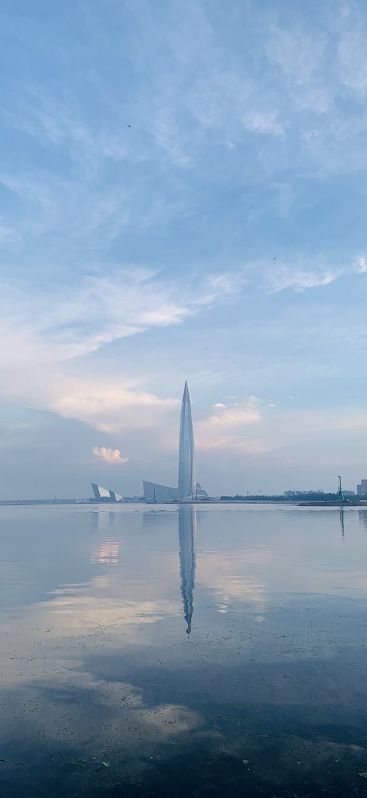 lakhta center, skyscraper, sea, reflection, city, saint petersburg