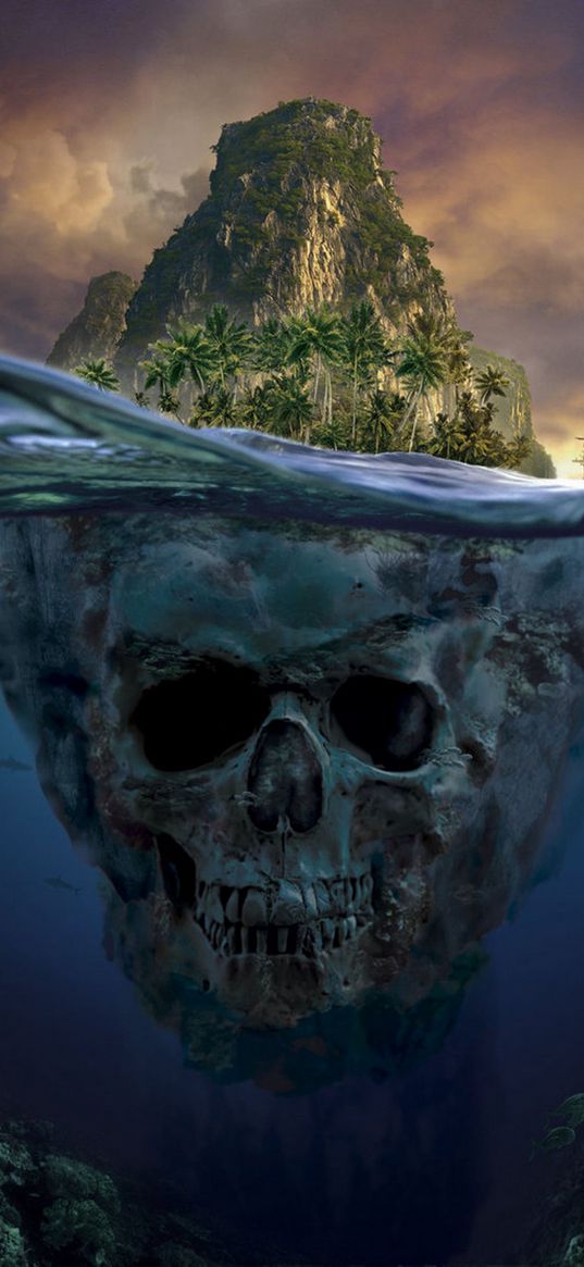 skull, island, palm trees, ship, pirates, art