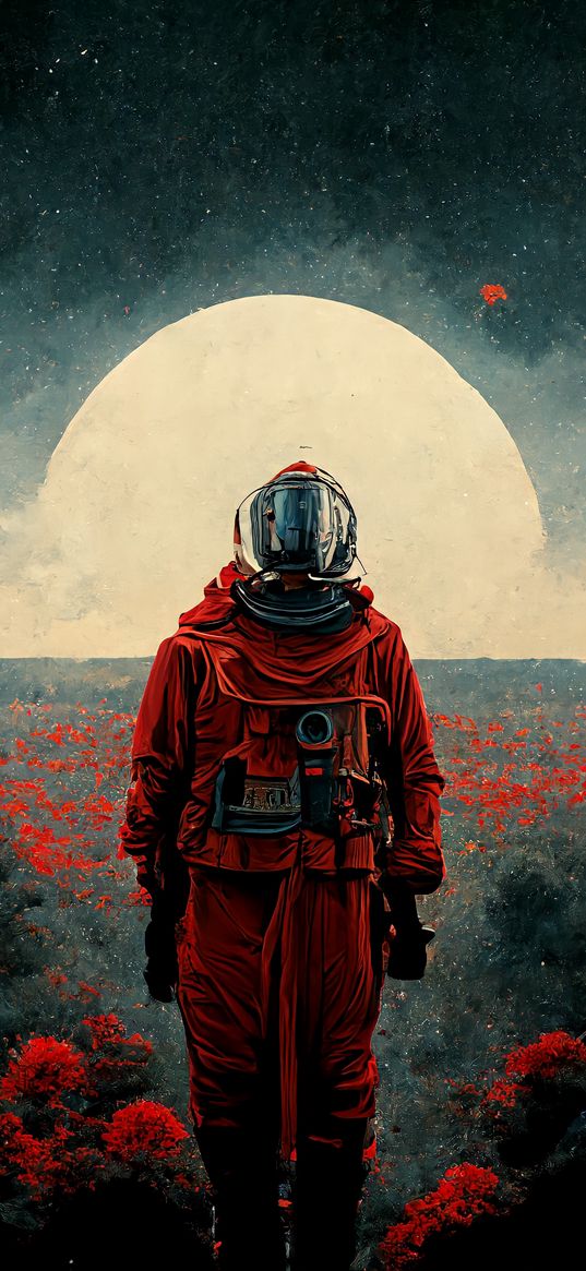 cosmonaut, flowers, field, planet, red, starry sky, cosmos, art