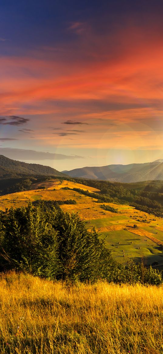 grass, trees, hills, mountains, valley, clouds, sky, sunset, sun, nature