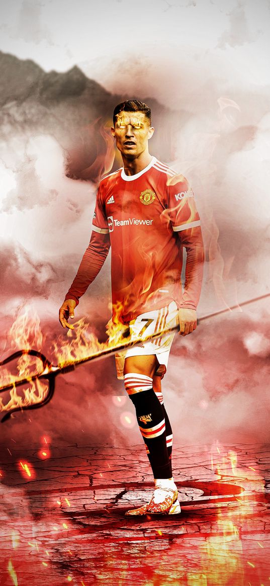 cristiano ronaldo, football player, manchester united, football, fire, trident