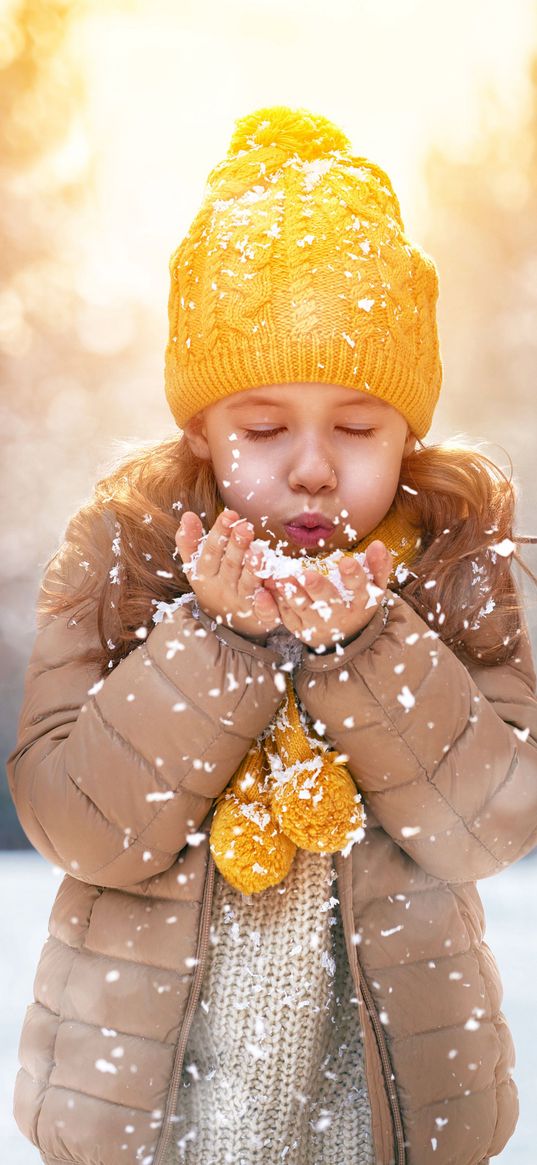 girl, palms, snow, winter