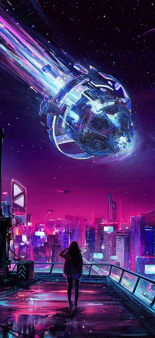 girl, city, spaceships, cyberpunk, neon, art