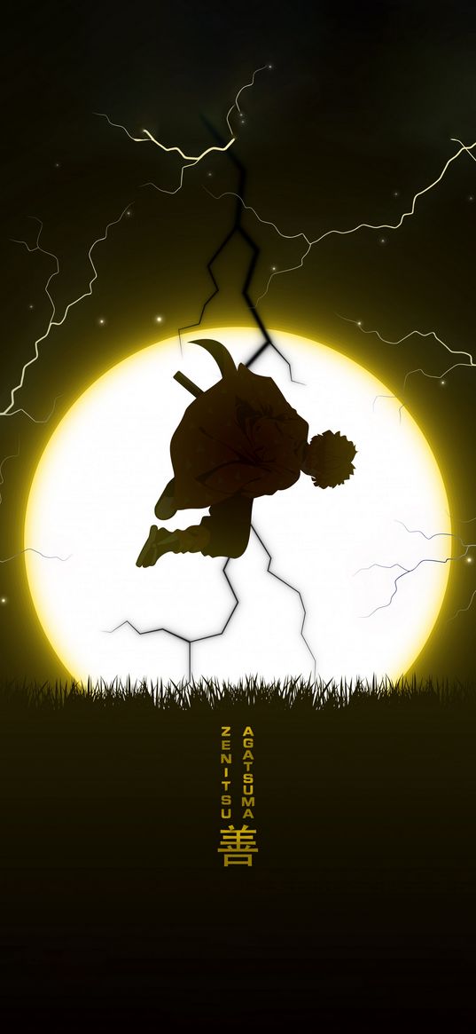 zenica, demon slayer, anime, moon, lightning, silhouette, art