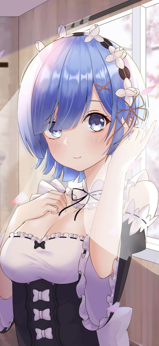 rem, re zero, anime, girl, art, maid, curtains