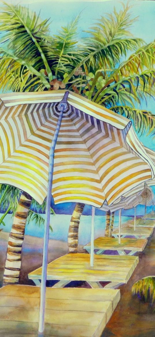 beach, umbrellas, tables, palm trees, art