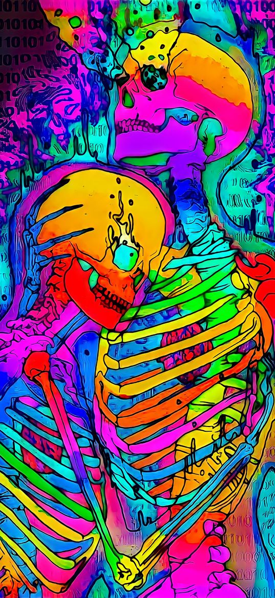 skeletons, couple, love, rainbow, bright, multicolored, art