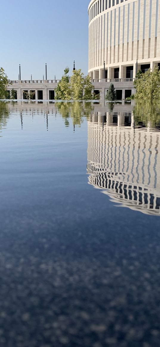 stadium, building, bridge, architecture, fountain, water, reflection, street, city