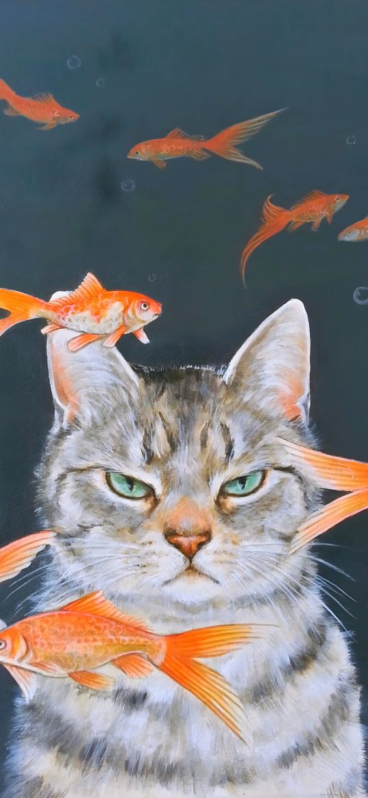 cat, fish, angry, dissatisfied, drawing, art