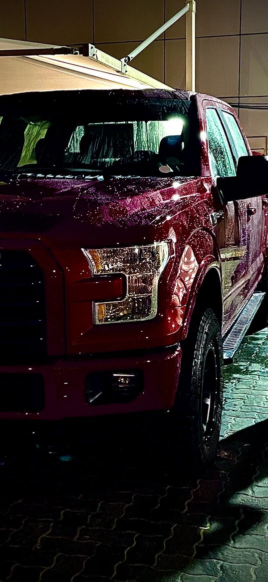 ford, pickup truck, car, red, drops, rain, street, night