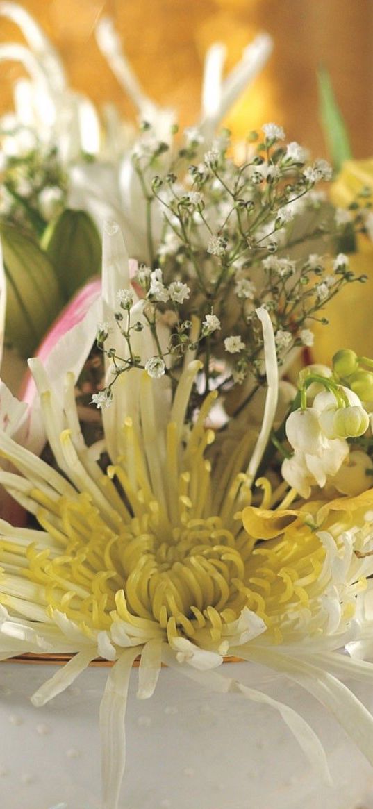 chrysanthemum, lily, landysh, gypsophila, bouquet, piala, close-up, tenderness