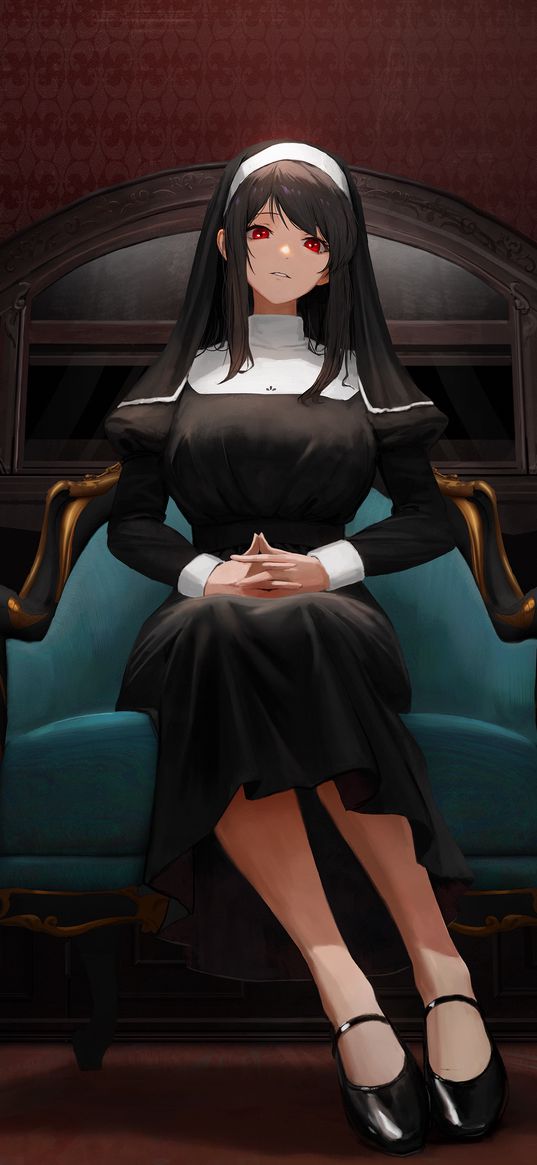 girl, anime, art, nun, armchair, dark