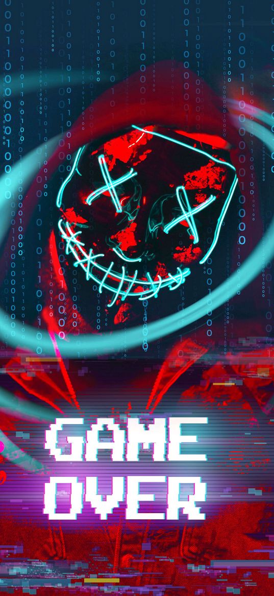 mask, neon, numbers, inscription, game over