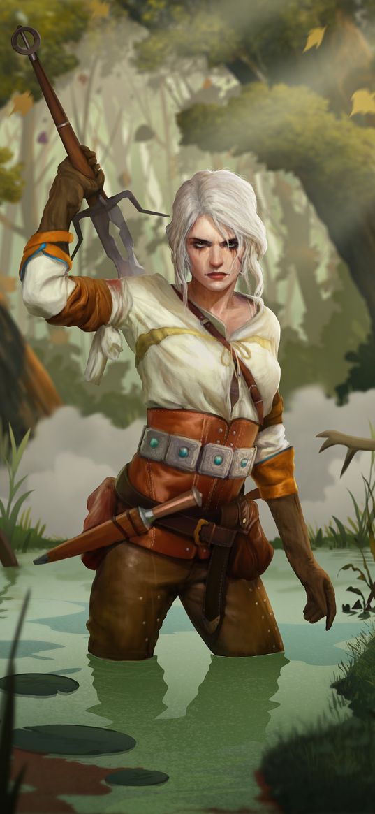 ciri, cirilla, witcher, game, girl, sword, swamp, art