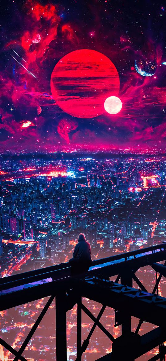 guy, lonely, height, city, night, lights, planets, moon, red, space, art