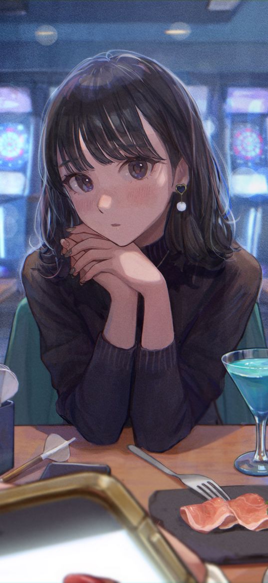 girl, beautiful, cute, cocktail, food, date, cafe, slot machines, anime, art