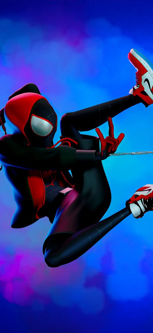 miles morales, spider-man, spiderman, superhero, marvel, jump, web, smoke, art