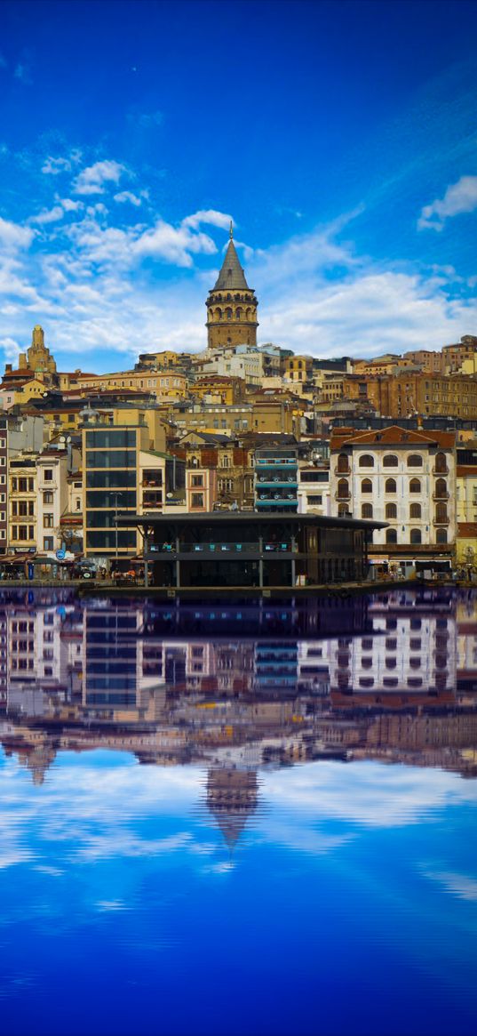 sea, houses, tower, city, architecture, clouds, blue sky, reflection, istanbul, turkey