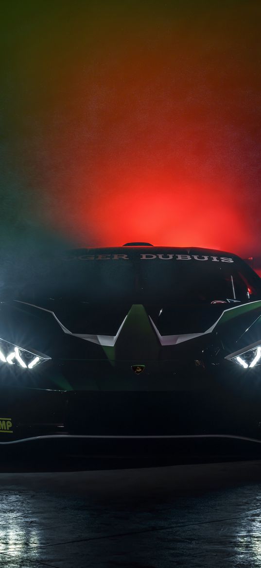 lamborghini huracan, lamborghini, sports car, green, red light, headlights, smoke