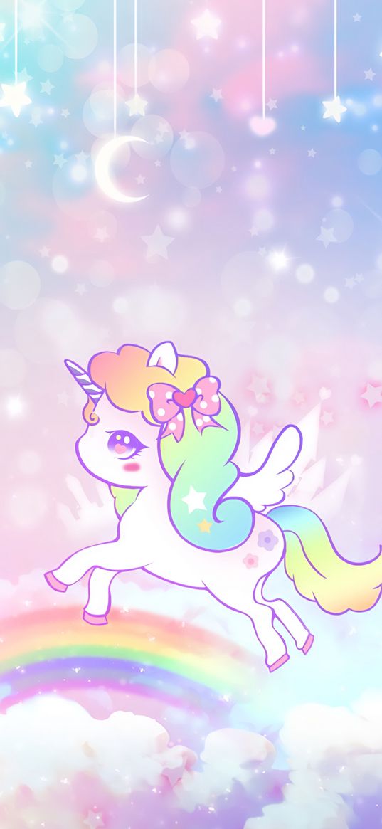 pony, unicorn, pegasus, rainbow, clouds, stars, cute, art